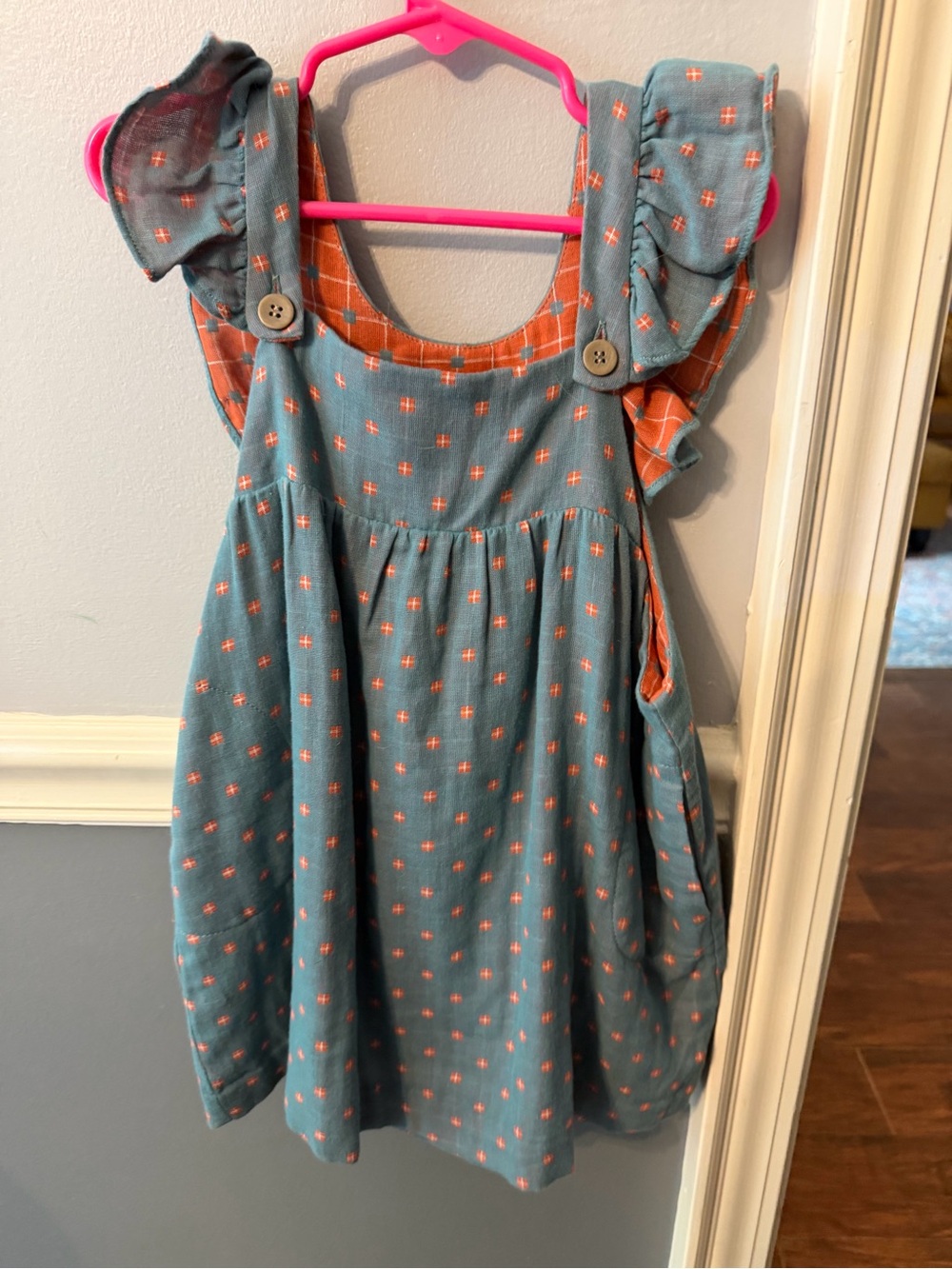 Girls Teal Dress with Orange Accent Flutter Sleeves